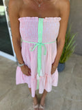 Pink/Orange Striped Strapless Dress