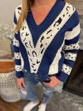 Navy Animal Print V Neck Sweater