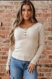 Lace Neckline Button Decor Lettuce Edge Long Sleeve Ribbed Top