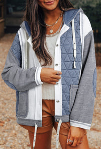 Stone Blue Quilted Patckwork Loose Fit Hoodie