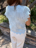 Blue Pointelle Knit Patterned Scalloped Trim Short Sleeve Sweater