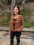 Chestnut Tie Front Striped Knit V Neck Cardigan Sweater