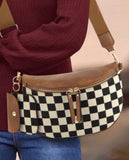 Coffee PU Leather Checkered Knit Patchwork Wallet Attached Shoulder Bag