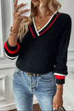 Black Contrast Striped Trim V Neck Sweater