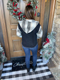 Black Plaid Sleeve Frayed Hem Hooded Denim Jacket