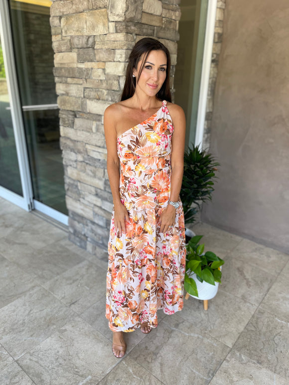 Orange Floral One Shoulder Dress