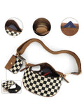 Coffee PU Leather Checkered Knit Patchwork Wallet Attached Shoulder Bag