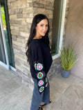 Black Floral Crochet Bell Sleeve Loose Sweater