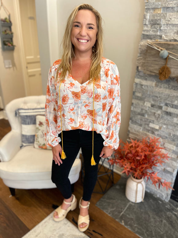 Orange Floral Tassel Blouse