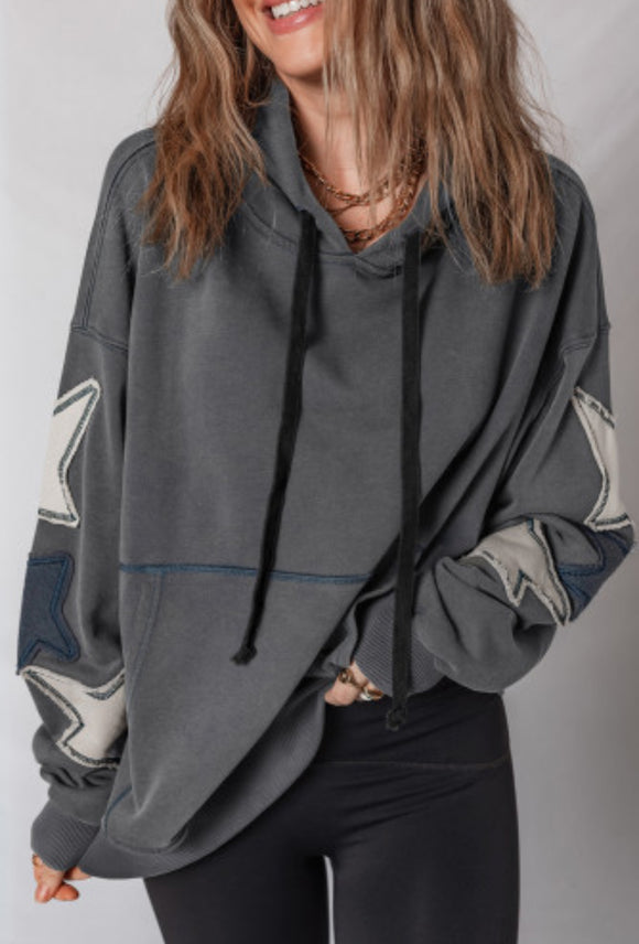 Carbon Grey Star Patchwork Mineral Wash Kangaroo Pocket Vintage Hoodie