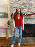 Fiery Red Solid Textured Knit Side Pockets Buttoned Sweater Vest