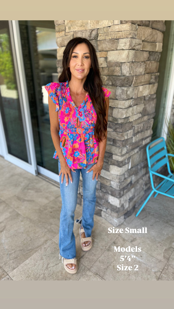 Rose Red Floral Print Smocked Ruffle Trim Flutter Sleeve Blouse