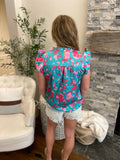 Teal Pink Floral Blouse