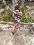 Black Floral Long Sleeve Asymmetric Ruffle Split Hem Mesh Dress