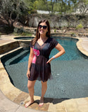 Black Flower Print V Neck Semi Sheer Beach Cover Up Dress