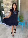 Black Floral Embroidered Tiered Ruffled Mini Dress