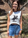 White Contrast Trim Round Neck Rodeo Cowboy Sweater Vest