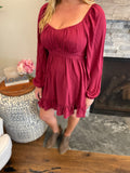 Burgundy Ruffled High Waist Square Neck Mini Dress