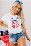 White Stripes and Stars Bowknot Print T Shirt