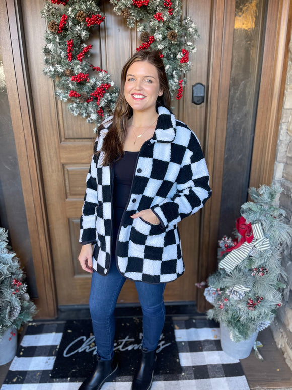 Black/White Checkered Fleece Collard Jacket