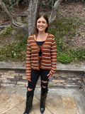 Chestnut Tie Front Striped Knit V Neck Cardigan Sweater