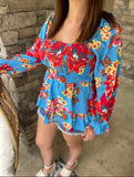 Blue Floral Smocked Blouse