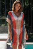 Multicolor Striped Tassel Crochet V Neck Beach Cover Up