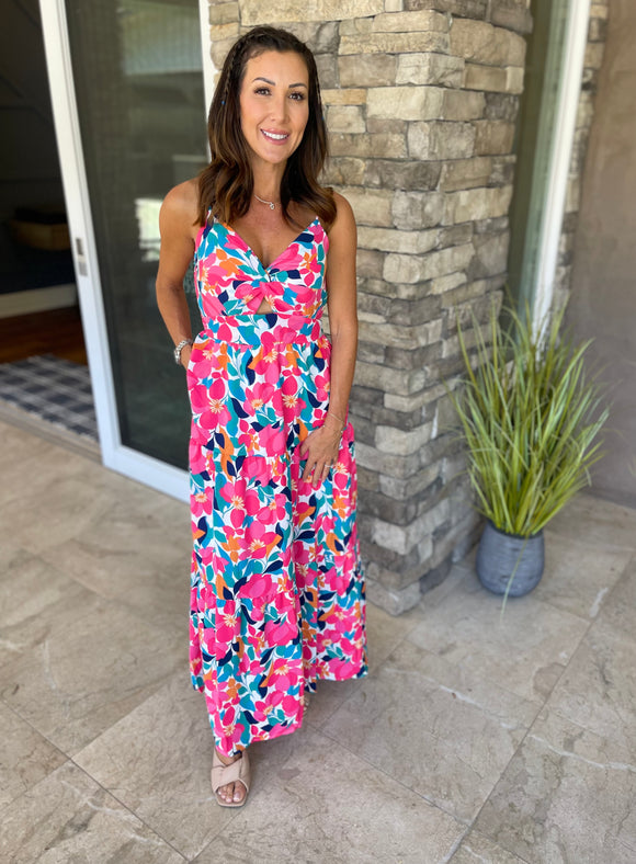 Rose Floral Twisted Smocked Back Tiered Maxi Dress