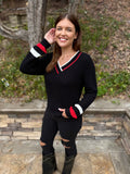 Black Contrast Striped Trim V Neck Sweater