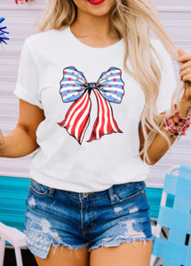 White Stripes and Stars Bowknot Print T Shirt