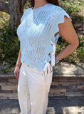 Blue Pointelle Knit Patterned Scalloped Trim Short Sleeve Sweater