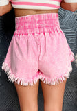 Pink Acid Washed Frayed Hem Denim Skort