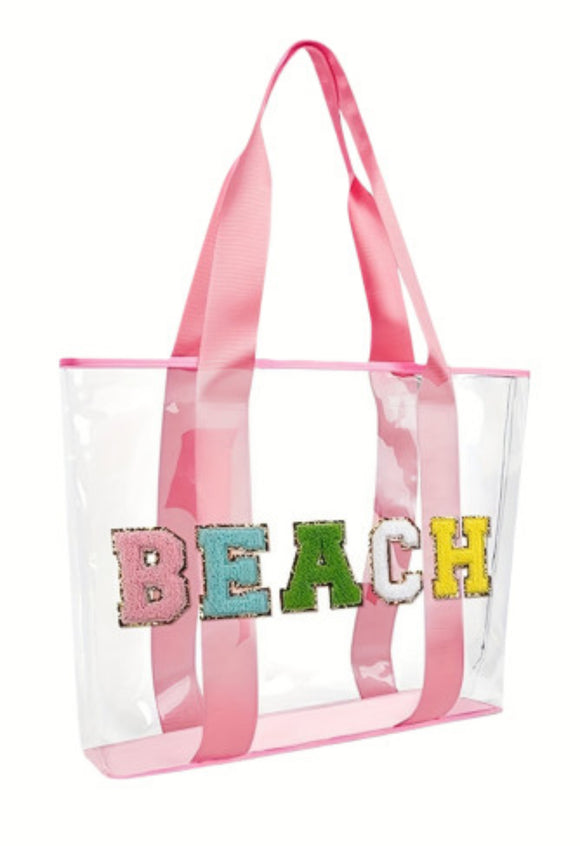 Pink BEACH Chenille Patched Clear Bag