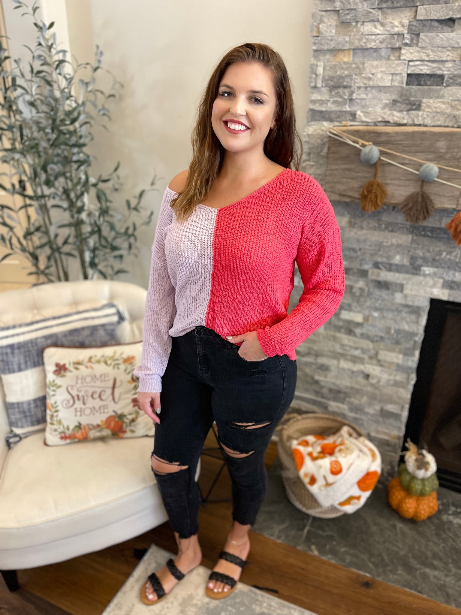 Two Tone Pink V Neck Sweater – Caffeine and Chaos Boutique