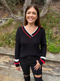 Black Contrast Striped Trim V Neck Sweater