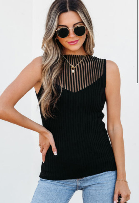 Black Ribbed Mesh Cutout Sleeveless Top