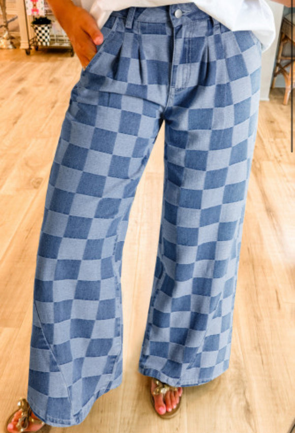 Blue Checkered Denim Wide Leg Jeans