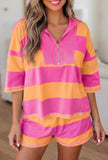 Pink/Orange Seam Detail Half Zip Tee Casual Shorts 2pcs Set