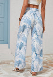 Sky Blue Botanic Print Waistband Wide Leg Pants