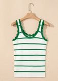 Bright Green Striped Scalloped Edge Ribbed Tank