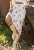 Beige Western Print Satin Long Skirt