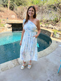 Sky Blue Floral Print Ruffled One Shoulder Maxi Dress
