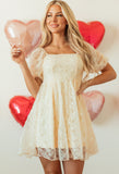 Apricot Sequined Lace Mesh Bubble Sleeve Mini Dress