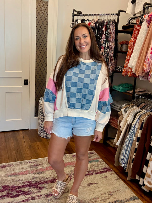 Sky Blue Oversized Checkered Denim Exposed Seam Patchwork Casual Sweatshirt