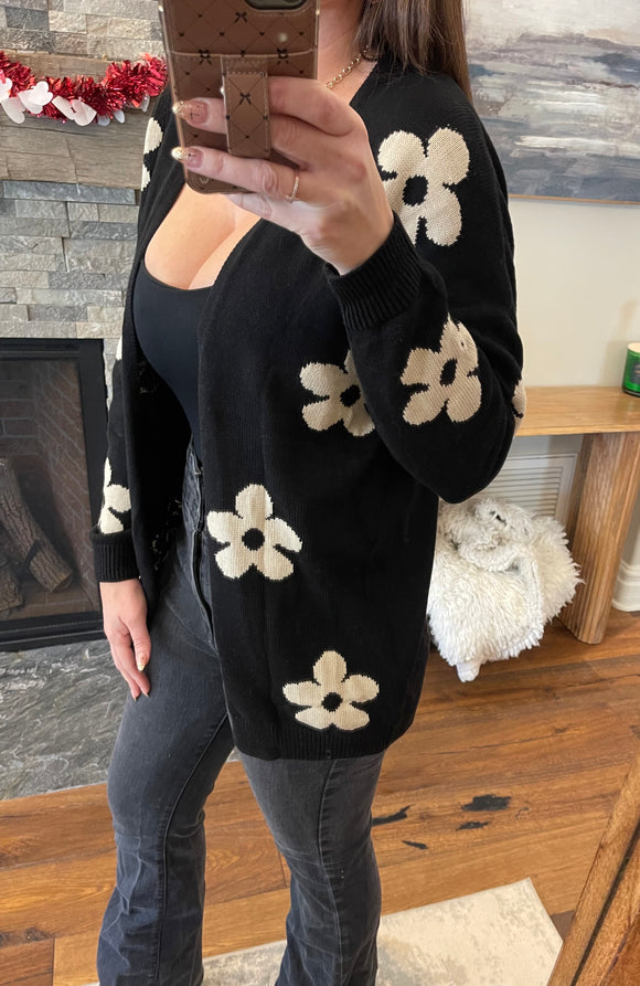 Black Floral Print Knitted Open Front Cardigan