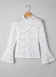 White Lace Crochet Bell Sleeve Mock Neck Blouse