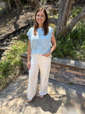 Blue Pointelle Knit Patterned Scalloped Trim Short Sleeve Sweater