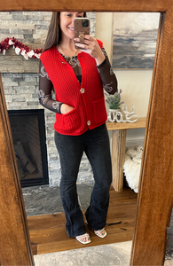 Fiery Red Solid Textured Knit Side Pockets Buttoned Sweater Vest
