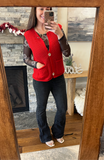 Fiery Red Solid Textured Knit Side Pockets Buttoned Sweater Vest
