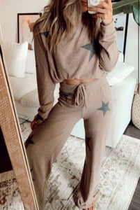 Khaki Retro Star Print Loose Long Sleeve Drawstring Wide Leg